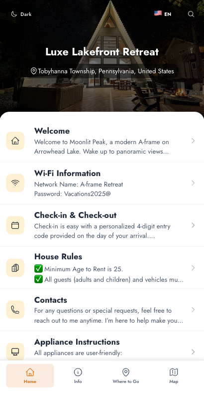 Guidefy property information page showing comprehensive details, Wi-Fi passwords, and check-in instructions