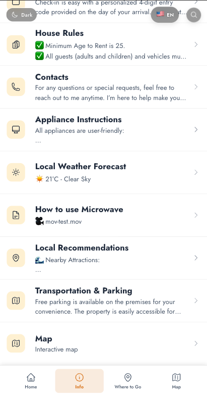 Guidefy local recommendations feature showing nearby attractions, restaurants and activities for Short-rental guests